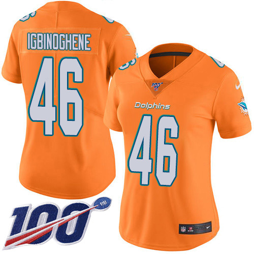 Nike Miami Dolphins 46 Noah Igbinoghene Orangen Women Stitched NFL Limited Rush 100th Season Jersey